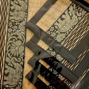 Asian Elephants Motif Reed Placemats and Coasters, Black Ribbon Trim, Set of 4